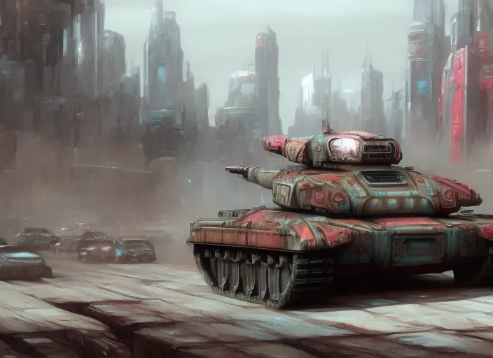 Futurepunk cyberpunk city, highly detailed Robot tank a metal steampunk tank patrolling  the streets of a Futurepunk cyberpunk city hyperrealism 