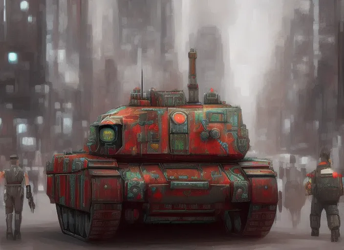 Futurepunk cyberpunk city, highly detailed Robot tank a metal steampunk tank patrolling  the streets of a Futurepunk cyberpunk city hyperrealism 