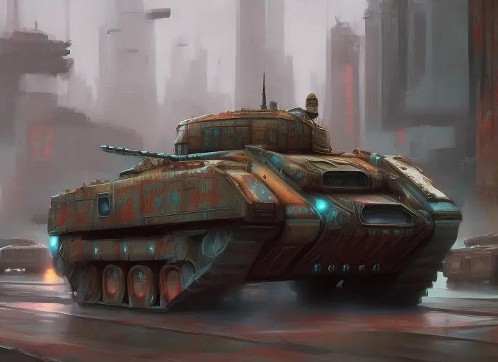 Futurepunk cyberpunk city, highly detailed Robot tank a metal steampunk tank patrolling  the streets of a Futurepunk cyberpunk city hyperrealism 