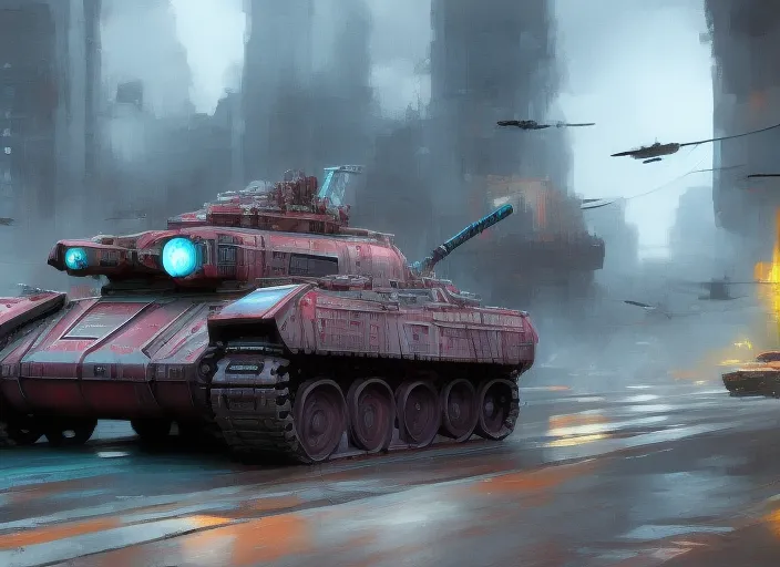 Futurepunk cyberpunk city, highly detailed Robot tank a metal steampunk tank patrolling  the streets of a Futurepunk cyberpunk city hyperrealism 