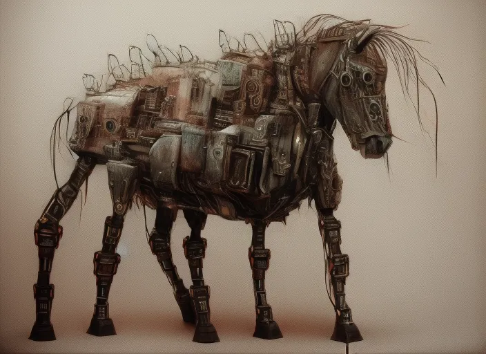 Robot Horse a metal steampunk horse walking through the streets of a cyberpunk city hyperrealism