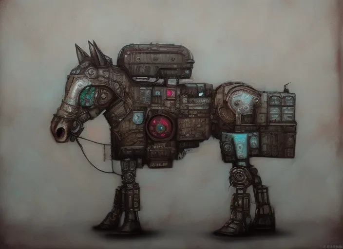 Robot Horse a metal steampunk horse walking through the streets of a cyberpunk city hyperrealism