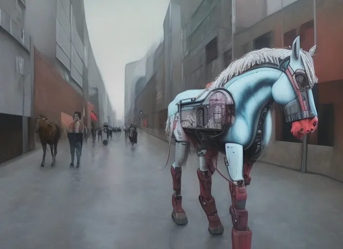 Robot Horse  walking through the streets of a cyberpunk city hyperrealism