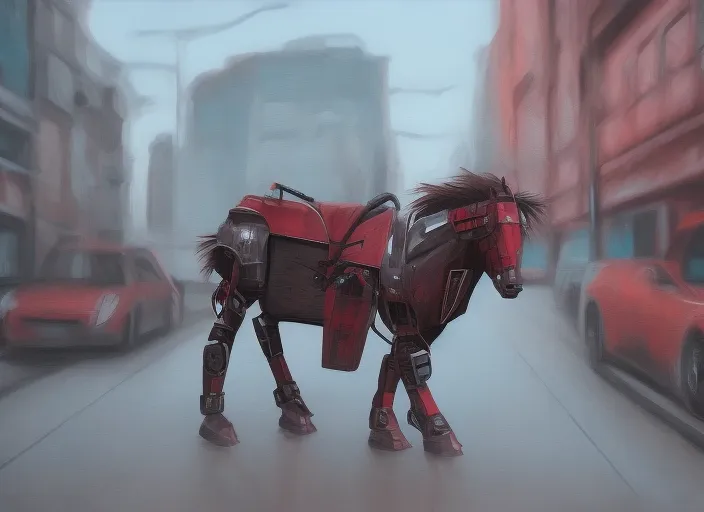 Robot Horse  walking through the streets of a cyberpunk city hyperrealism