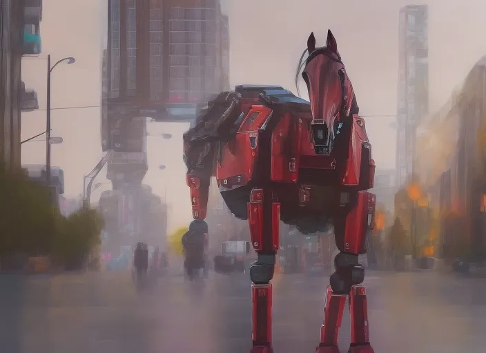 Robot Horse  walking through the streets of a cyberpunk city hyperrealism