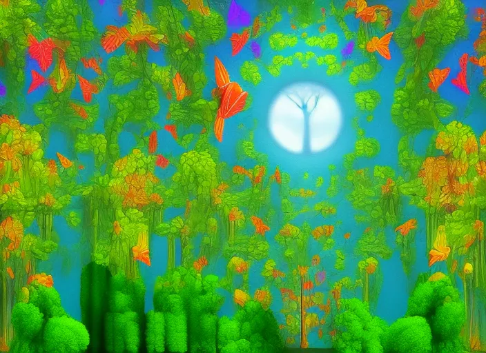 intensely colored surreal world fractal as tall as trees, , butterflies, surreal, pop art hyperrealistisch