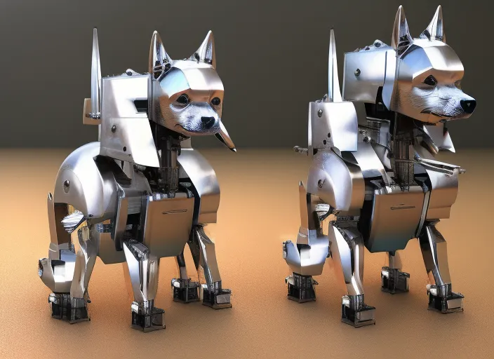 robot dogs a metal robotdog and a dog detailed hyperrealism 3d digital art