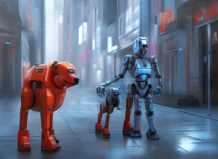 robot dogs a metal robotdog and a dog detailed hyperrealism 3d digital art patrolling cyber city streets