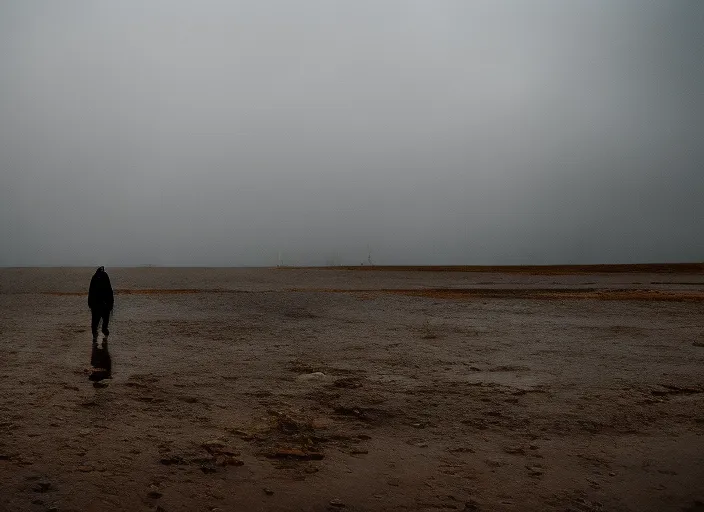 walking alone on a rainy day  with a dark sky above