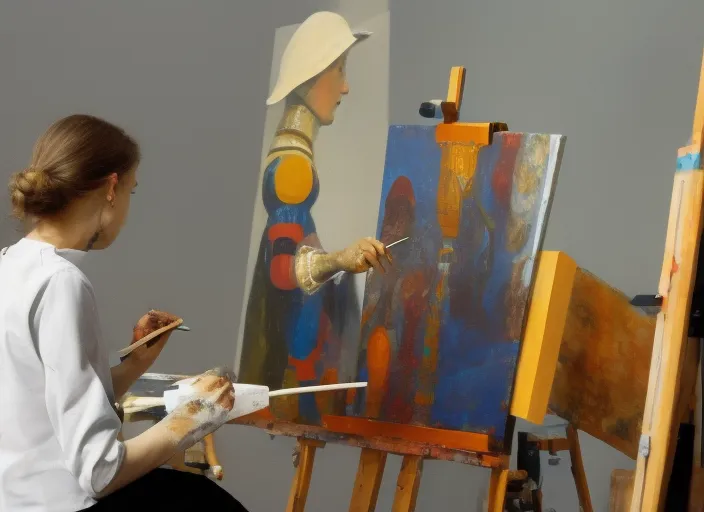 Robot woman making a painting in the studio ofVermeer