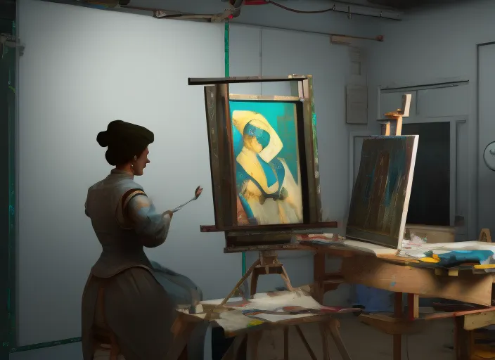 Robot woman making a painting in the studio ofVermeer