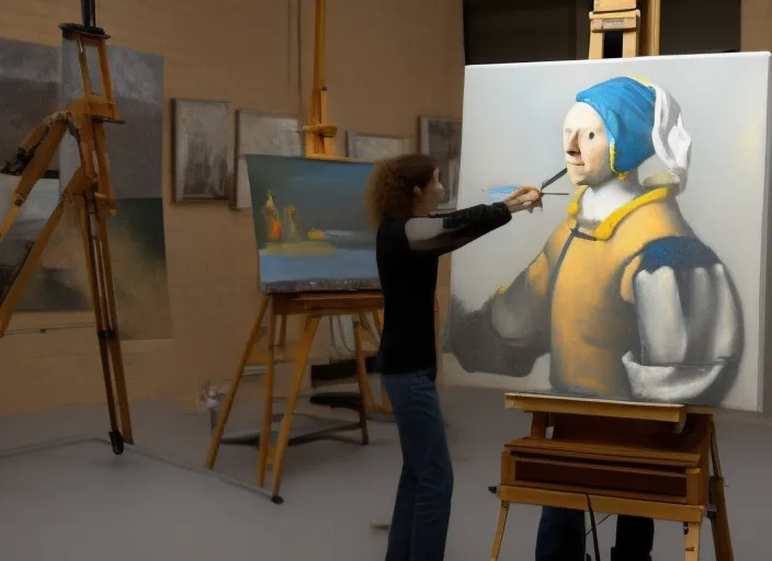 Robotwoman making a painting in the studio ofVermeer