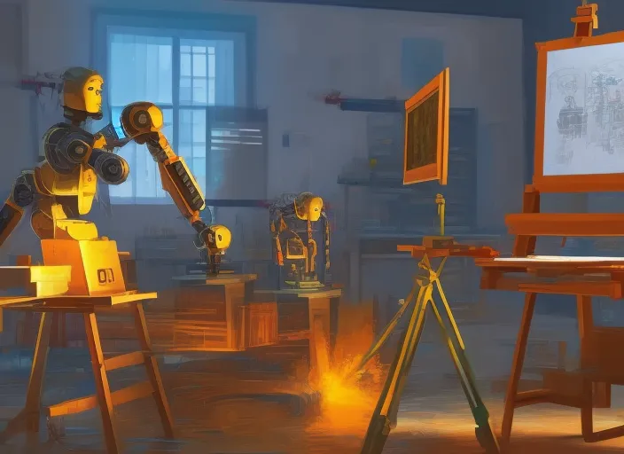 A artificial intelligence Robot making a painting  easel, meticulously detailed 8k resolution concept art photo by Vermeer