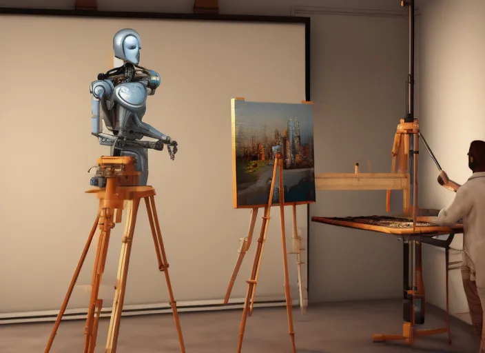 A artificial intelligence Robot making a painting  easel, meticulously detailed 8k resolution concept art photo by Vermeer