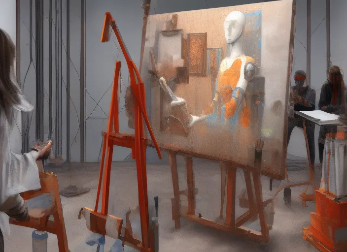 A artificial intelligence Robot making a painting  easel, meticulously detailed 8k resolution concept art photo by Vermeer