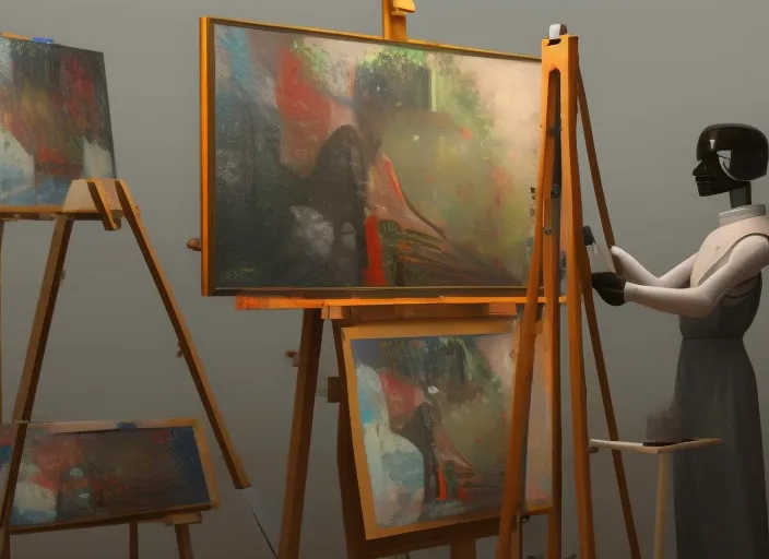 A artificial intelligence Robot making a painting  easel, meticulously detailed 8k resolution concept art photo by Vermeer