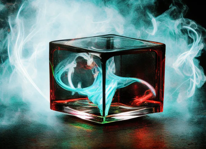 arcane-punk spinning cube made of glass, magic smoke, alchemist, magic experiment, bright art masterpiece 