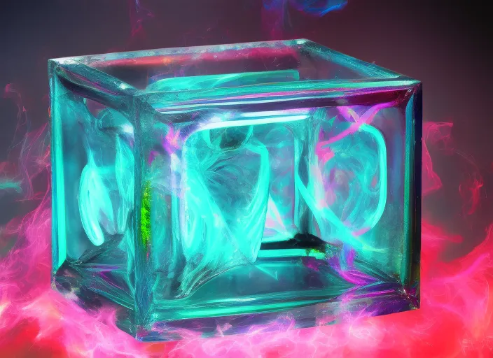 arcane-punk cube made of glass, magic smoke, alchemist, magic experiment, bright art masterpiece 