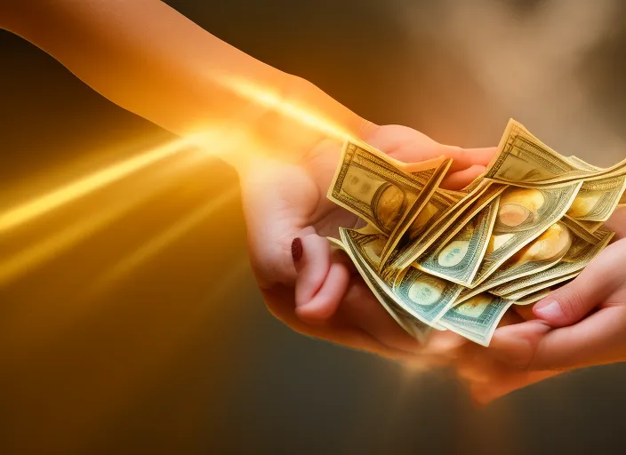 hands radiating golden light with money