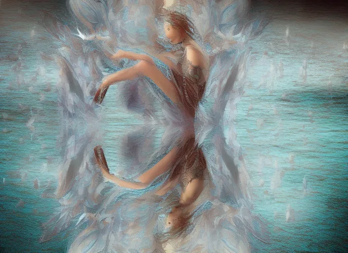 woman silver hair, drenched body, wet dripping hair, emerging from the water, fantasy, regal, fractal crystal,