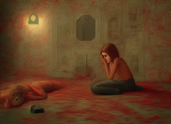 realistic detailed image of a girl looking at the mirror to another world dimension , and a snake in an old soviet girlish room with a little monster hiding!!! under the bed!!! 