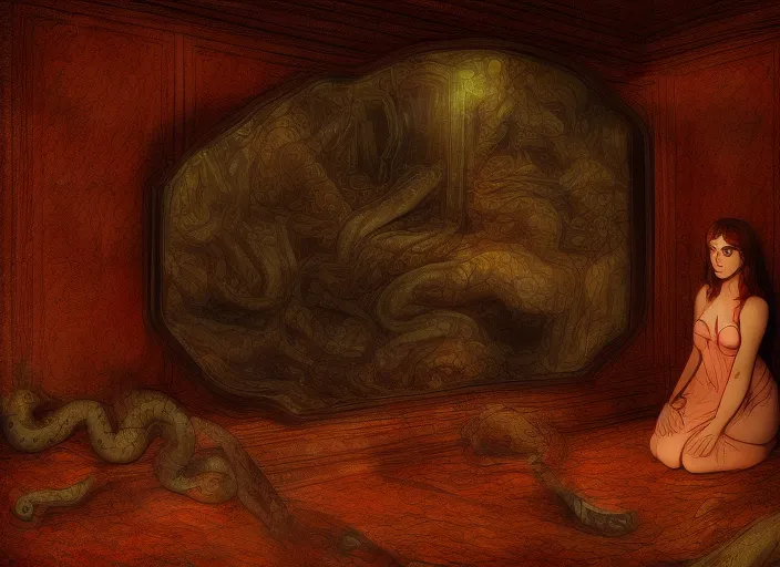 realistic detailed image of a girl looking at the mirror to another world dimension , and a snake in an old soviet girlish room with a little monster hiding!!! under the bed!!! 