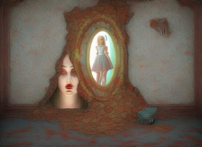 realistic 3D art detailed image of a girl looking at the mirror to another world dimension , in an old soviet girlish room with a little monster hiding!!! under the bed!!! 