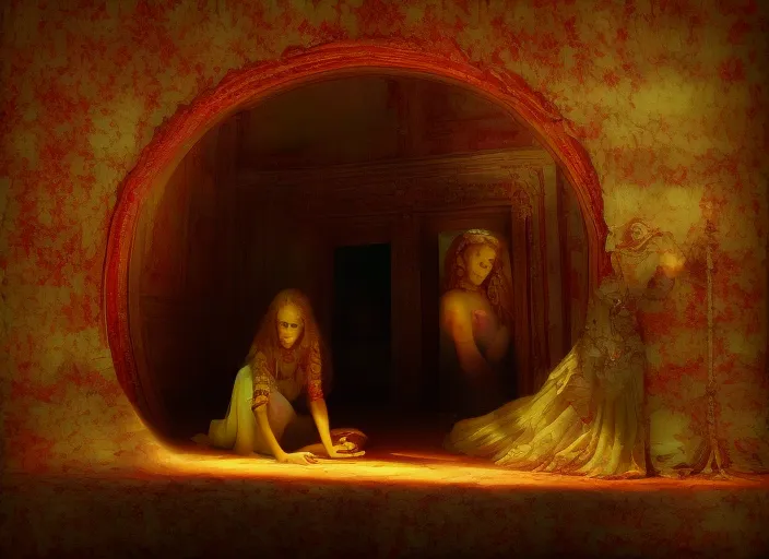 realistic 3D art detailed image of a girl looking at the mirror to another world dimension , in an old soviet girlish room with a little monster hiding!!! under the bed!!! 