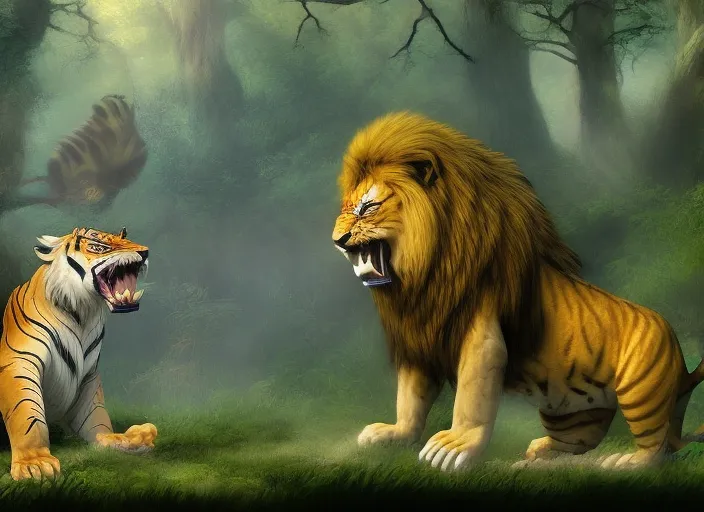 The lion and the tiger are fighting the two huge predators in the forest 