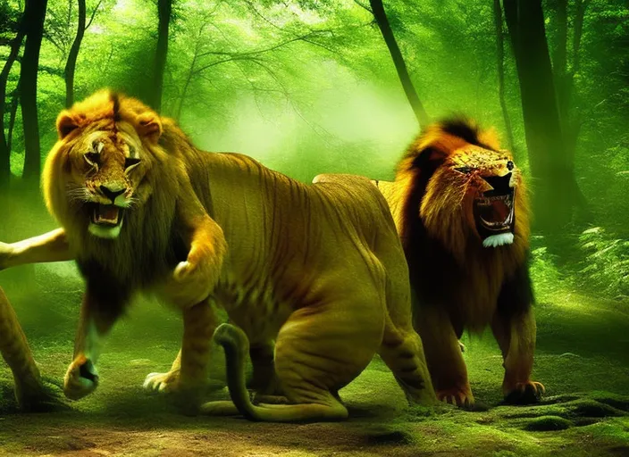 The lion and the tiger are fighting the two huge predators in the forest 