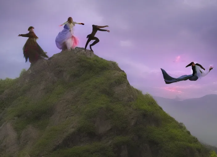 Devils, witches and spirits dance on a small mountain, evening, magic, other world