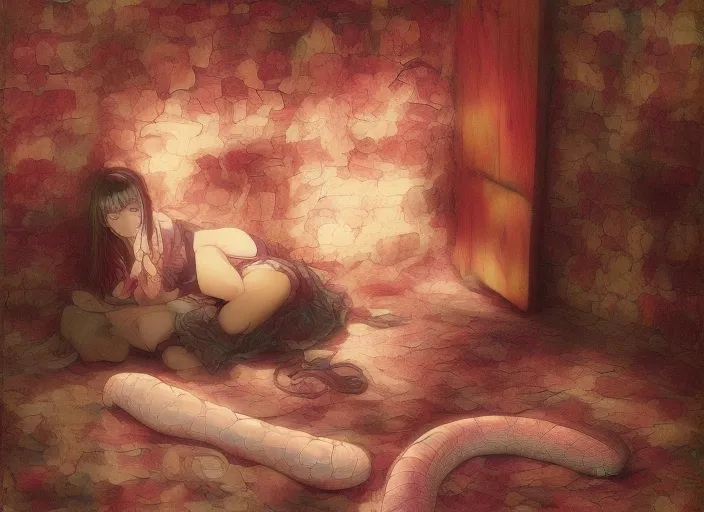 realistic detailed 3D image of a girl looking at the mirror to another world dimension , and a snake in an old soviet girlish room with a little monster hiding!!! under the bed!!! by Ayami Kojima, Amano, 