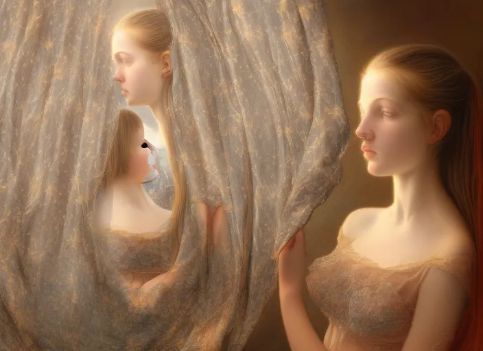 hyperrealistic detailed image of a girl in a dress and in stockings looking at the mirror to another world dimension 