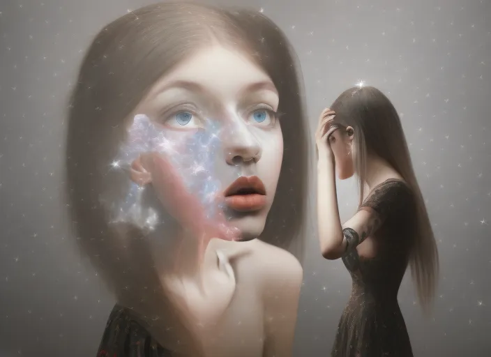 hyperrealistic 3D detailed image of a girl in a dress and in stockings looking at the mirror to another world dimension 