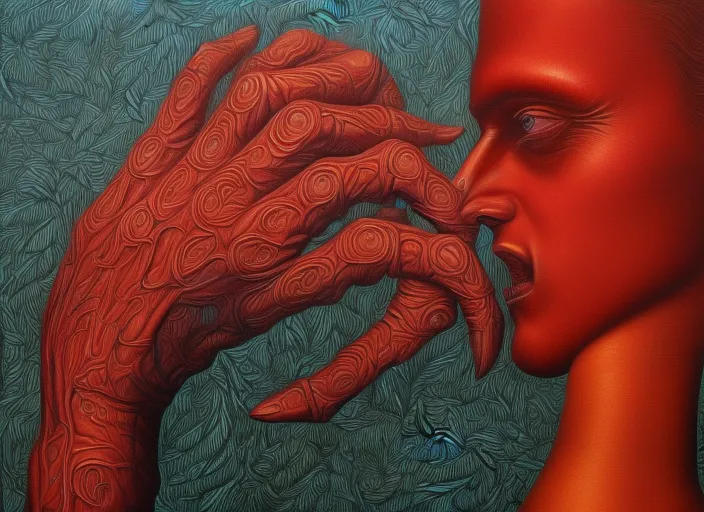 painting of biomechanical hand reaching to face connected to the machine by casey weldon,