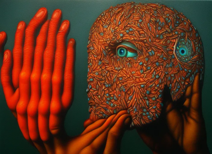 painting of biomechanical hand reaching to face connected to the machine by casey weldon,