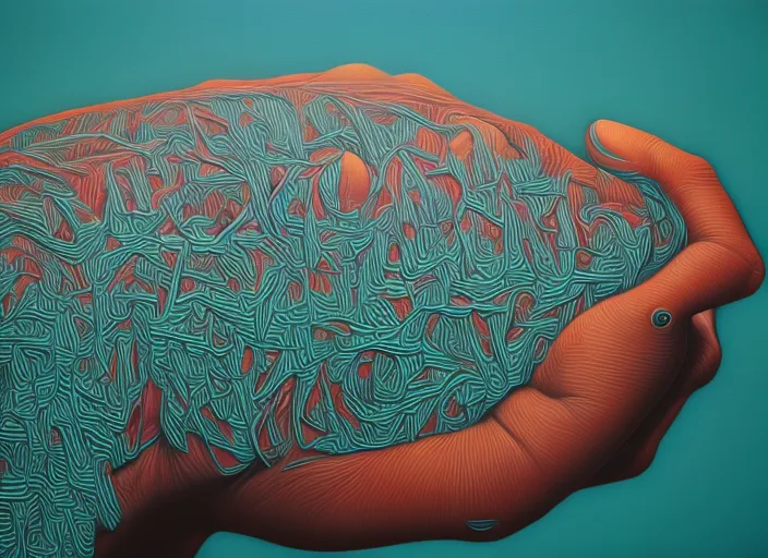 painting of biomechanical hand reaching to face connected to the machine by casey weldon,