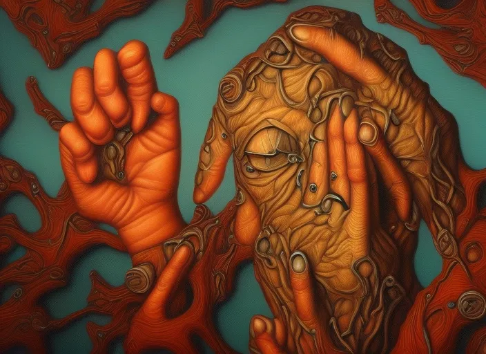 painting of biomechanical hand reaching to face connected to the machine by casey weldon,