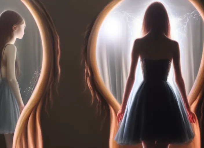 realistic detailed image of a girl in a dress and in stockings looking at the mirror to another world dimension