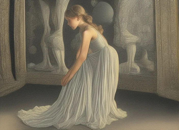 realistic detailed image of a girl in a dress and in stockings looking at the mirror to another world dimension