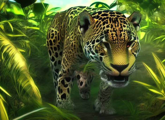 a cyborg jaguar walking in the jungle the jaguar is opening his mouth while it shows a futuristic mayan soldier around the bushes, make the style psychedelic and realistic, use shadow and light effects to make it more realistic. use a cinematographic style 