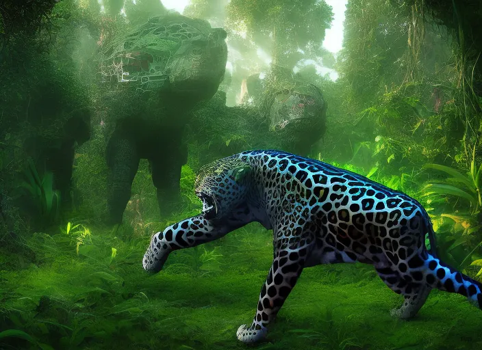 a cyborg jaguar walking in the jungle the jaguar is opening his mouth while it shows a futuristic mayan soldier around the bushes, make the style psychedelic and realistic, make the jaguar look cybernetic use shadow and light effects to make it more realistic. use a cinematographic style
