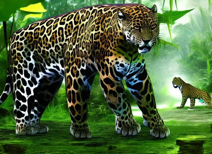 a cyborg jaguar walking in the jungle the jaguar is opening his mouth while it shows a futuristic mayan soldier around the bushes, make the style psychedelic and realistic, make the jaguar look cybernetic use shadow and light effects to make it more realistic. use a cinematographic style the jaguar needs to be front face in the middle