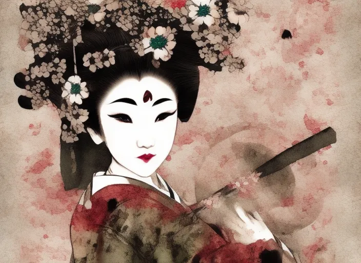 gorgeous geisha, watercolor, ink, ink spots, old paper, intricate details, photo render,  digital Art