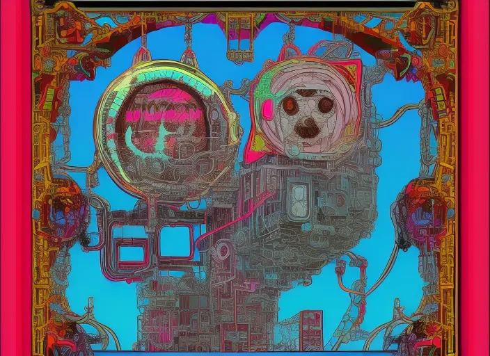 cyberpunk, synthwave, tarot card with intricate detailed frame around the outside with cyberglasses neon, Takashi Murakami; surrealism digitalartdigital Art