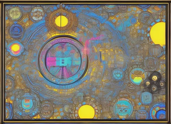 cyberpunk, synthwave, tarot card with intricate detailed frame around the outside with cyberglasses neon, Takashi Murakami; surrealism digitalartdigital Art