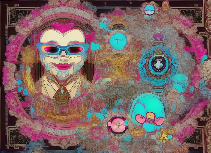 cyberpunk, synthwave, tarot card with intricate detailed frame around the outside with cyberglasses neon, Takashi Murakami; surrealism digitalartdigital Art