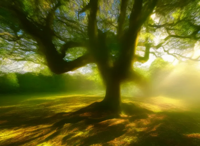 Hazy breeze gently stroking branches of majestic sacred tree in the middle of The New Forest, magical moment captured in time, god ray, volumetric light, shot from perspective of bird flying by