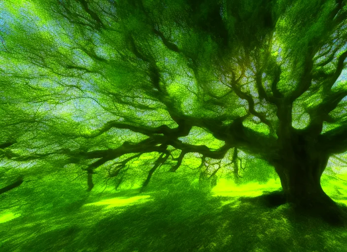 Hazy breeze gently stroking branches of majestic sacred tree in the middle of The New Forest, magical moment captured in time, god ray, volumetric light, shot from perspective of bird flying by