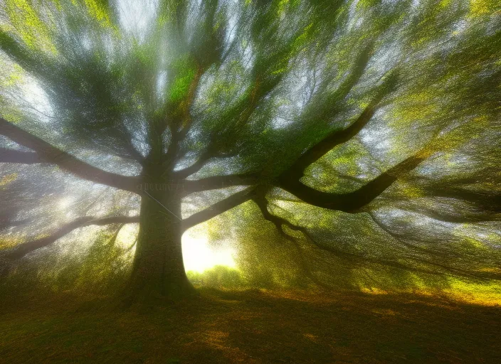 Hazy breeze gently stroking branches of majestic sacred tree in the middle of The New Forest, magical moment captured in time, god ray, volumetric light, shot from perspective of bird flying by